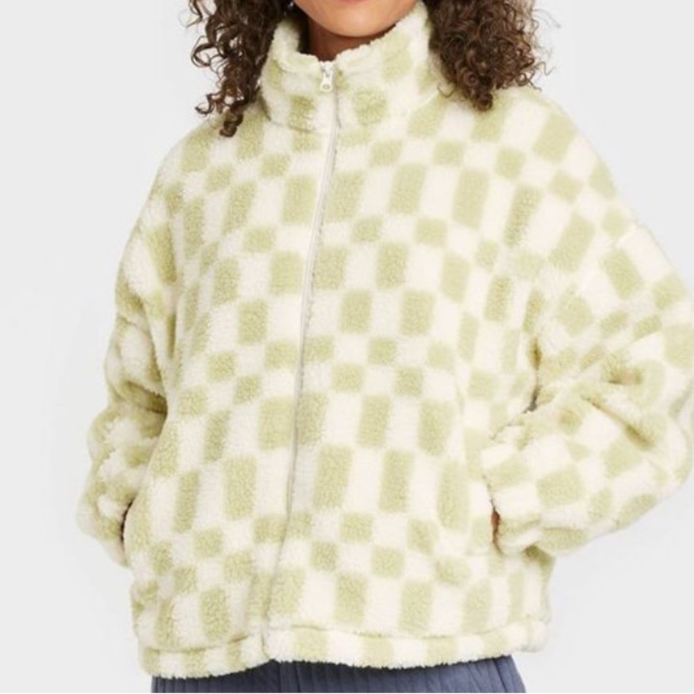 Checkered fuzzy zip up jacket